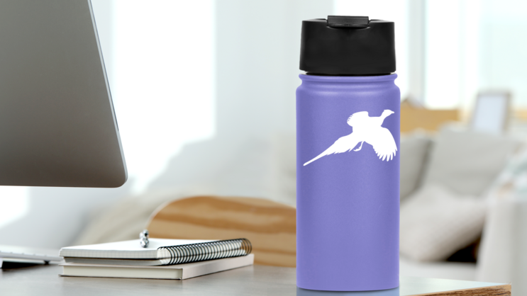 Pheasant Flying Sticker on a Water Bottle (New) example