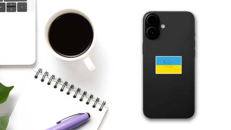 Pigeon Drawing On Ukraine Flag Sticker on a Phone (New) example
