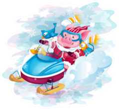 Piglet With Birds Riding A Snowmobile Sticker