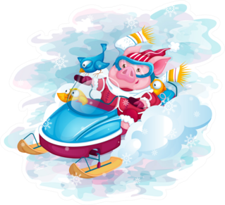 Piglet With Birds Riding A Snowmobile Sticker
