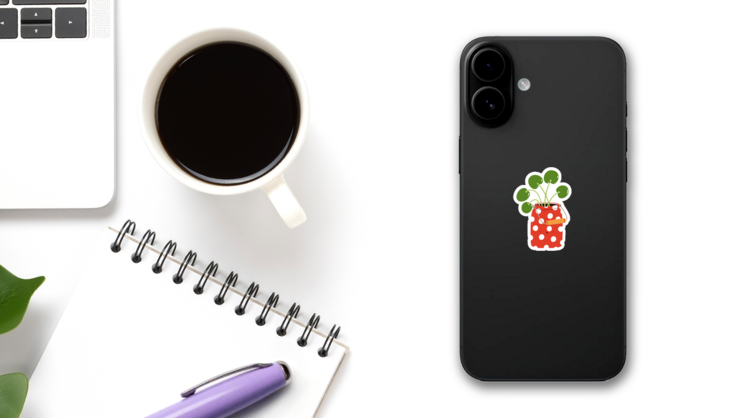 Pilea Peperomioides Potted Plant in Cute Polka Dot Can Sticker on a Phone (New) example