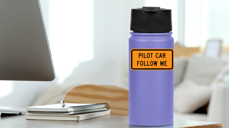 Pilot Car Follow Me Sticker on a Water Bottle (New) example
