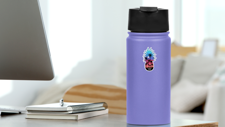 Pineapple Sunrise Hawaii Beach Illustration Sticker on a Water Bottle (New) example