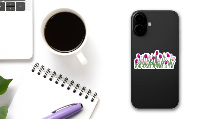 Pink And Violet Tulips With Stems Sticker on a Phone (New) example