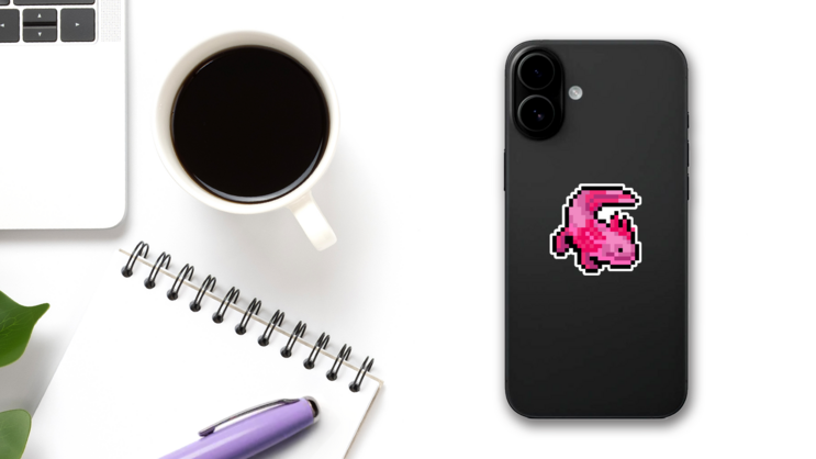 Pink Axolotl Pixel Sticker on a Phone (New) example
