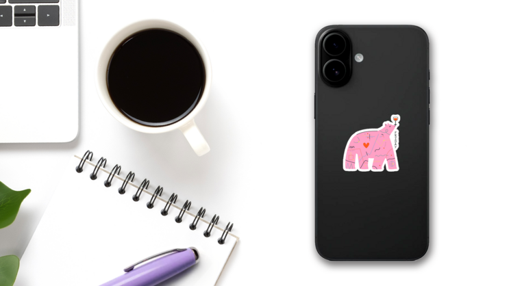 Pink Bear Balancing Red Wine Friday Sticker on a Phone (New) example