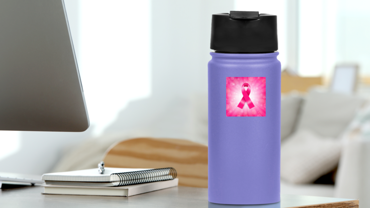 Pink Breast Cancer Ribbon Banner Sticker on a Water Bottle (New) example