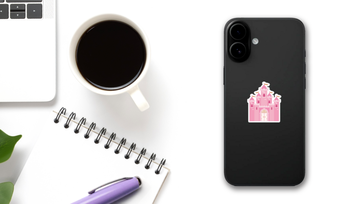 Pink Cartoon Castle Sticker on a Phone (New) example