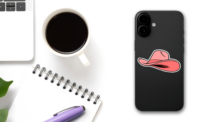 Pink Cowgirl Hat Sticker on a Phone (New) example