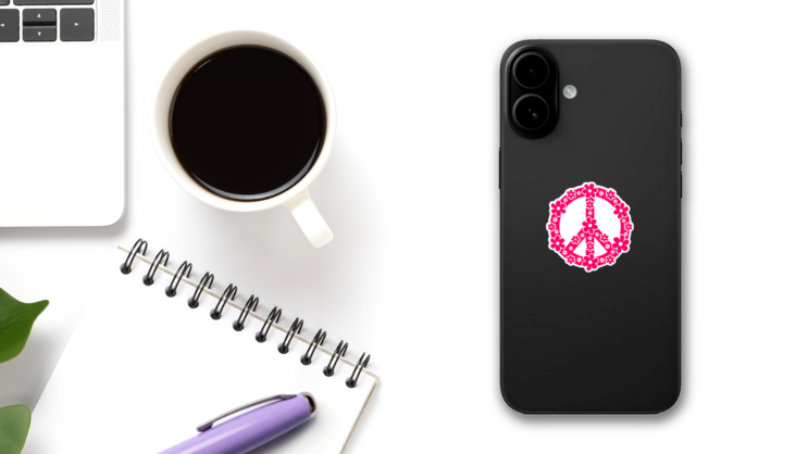 Pink Daisy Peace Sign Sticker on a Phone (New) example