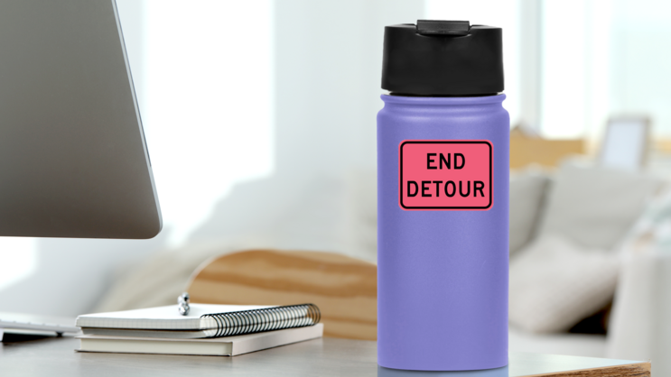 Pink End Detour Sticker on a Water Bottle (New) example