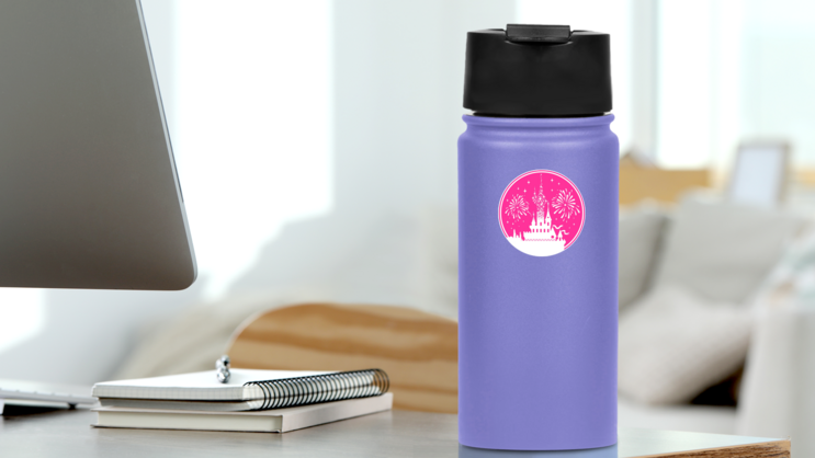 Pink Fairytale Castle Sticker on a Water Bottle (New) example