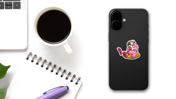 Pink Flamingo On A Lifesaver And Having A Tropical Drink Sticker on a Phone (New) example