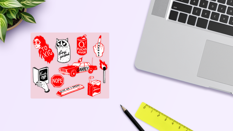 Pink Grunge Sticker Sheet on a Desk (New) example