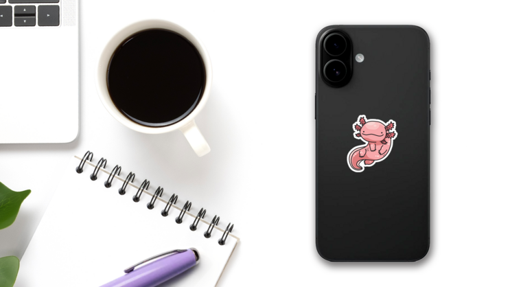Pink Mexican Axolotl Sticker on a Phone (New) example