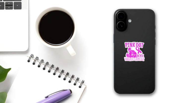 Pink Out Tackle Breast Cancer Football Sticker on a Phone (New) example