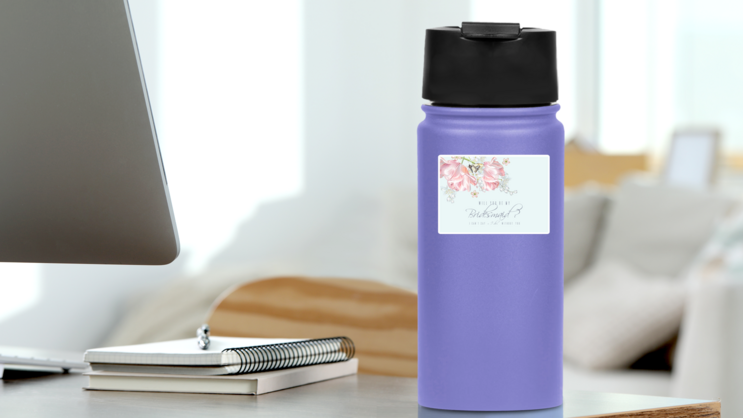 Pink Pastel Flowers Will You Be My Bridesmaid Sticker on a Water Bottle (New) example