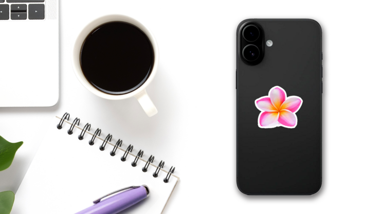 Pink Plumeria Frangipani Flower Sticker on a Phone (New) example