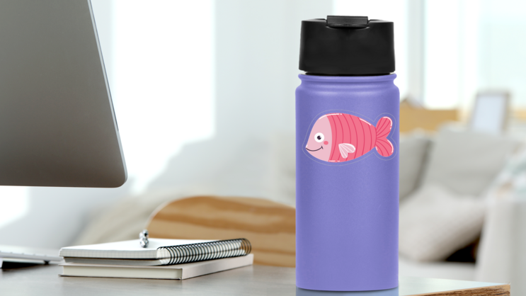 Pink Striped Fish Sticker on a Water Bottle (New) example