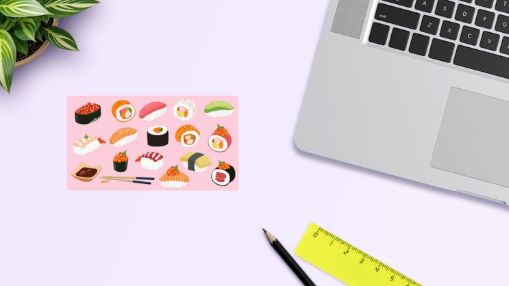 Pink Sushi Sticker Sheet on a Desk (New) example