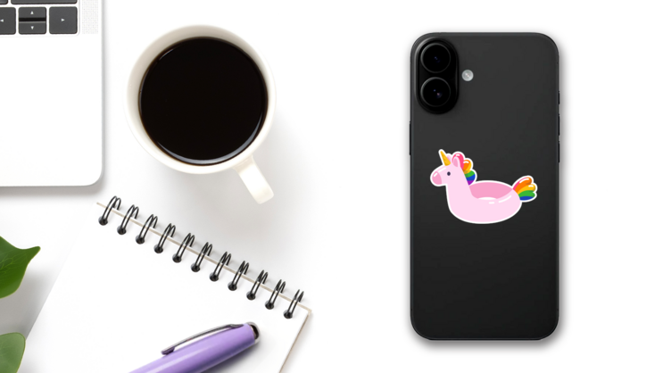 Pink Unicorn Swim Ring Sticker on a Phone (New) example