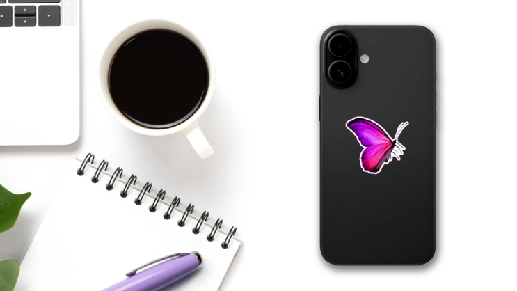 Pink Violet Butterfly Sticker on a Phone (New) example