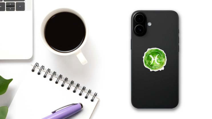 Pisces Zodiac Sign On Green Watercolor Sticker on a Phone (New) example