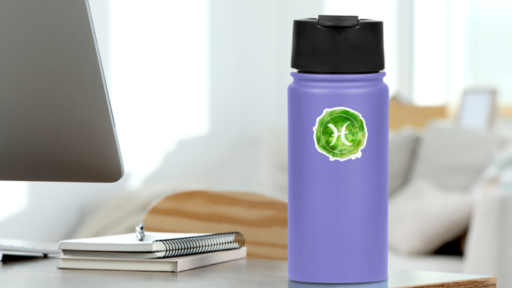 Pisces Zodiac Sign On Green Watercolor Sticker on a Water Bottle (New) example