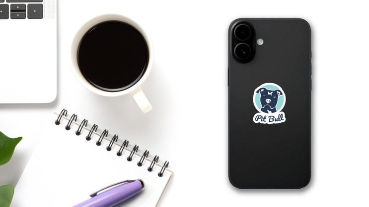 Pit Bull Blue Text Sticker on a Phone (New) example