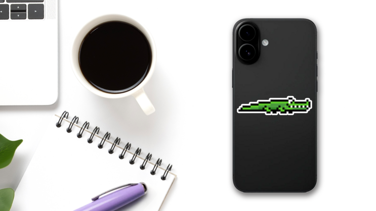 Pixel Art Alligator Sticker on a Phone (New) example