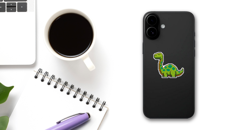 Pixel Art Cartoon Dinosaur Sticker on a Phone (New) example
