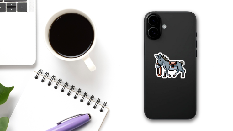 Pixel Art Donkey Cartoon Sticker on a Phone (New) example