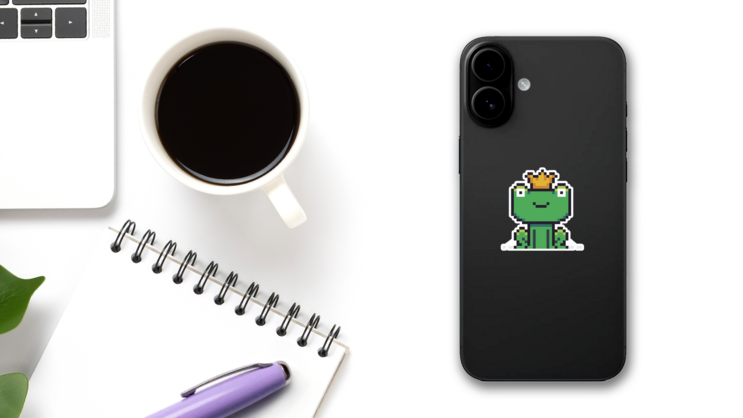 Pixel Art Frog Character With Golden Crown Sticker on a Phone (New) example