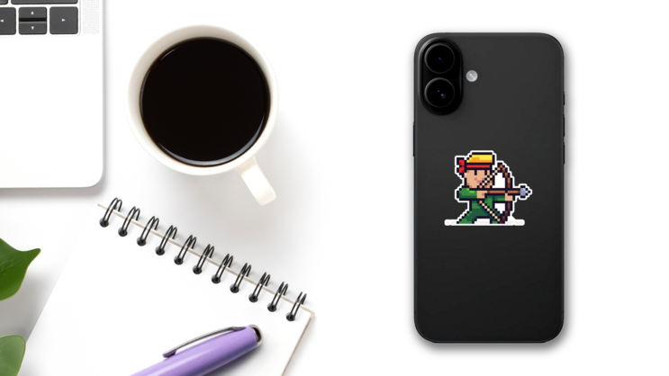 Pixel Art Male Archer Character Aiming For Target Sticker on a Phone (New) example