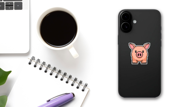Pixel Art Pig Sticker on a Phone (New) example