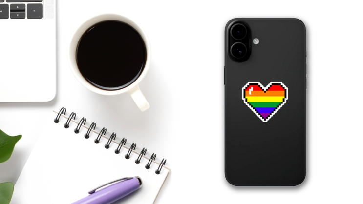 Pixel Art Rainbow Heart Sticker on a Phone (New) example