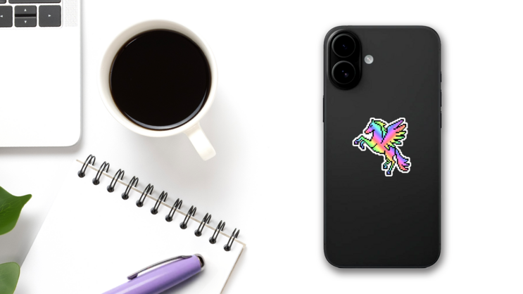 Pixel Art Rainbow Pegasus Sticker on a Phone (New) example