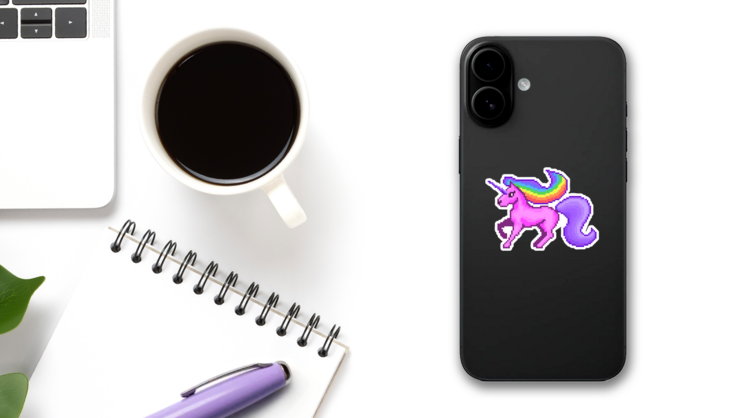 Pixel Art Rainbow Unicorn Sticker on a Phone (New) example