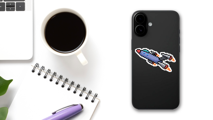 Pixel Art Rocket Jet Sticker on a Phone (New) example