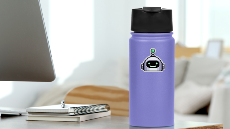 Pixel Art Smile Robot Sticker on a Water Bottle (New) example