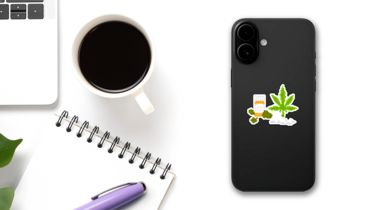 Pixel Art Style Medical Marijuana Items Sticker on a Phone (New) example