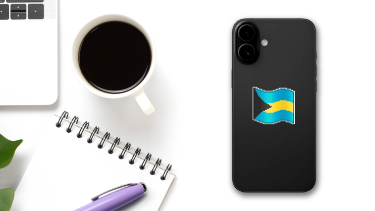 Pixel Bahamas Flag Sticker on a Phone (New) example