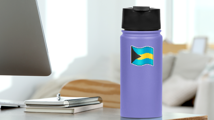 Pixel Bahamas Flag Sticker on a Water Bottle (New) example