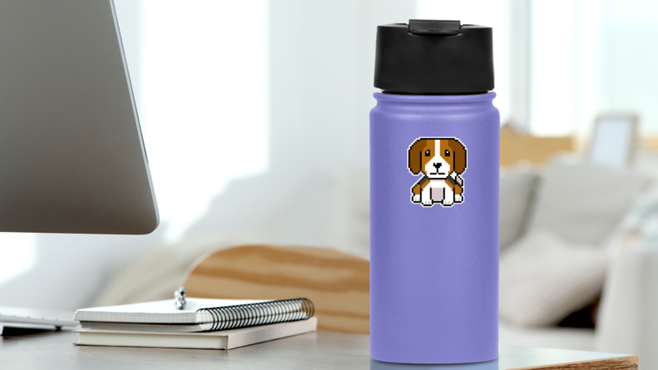 Pixel Beagle Sticker on a Water Bottle (New) example