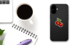 Pixel Cherries Art Sticker on a Phone (New) example
