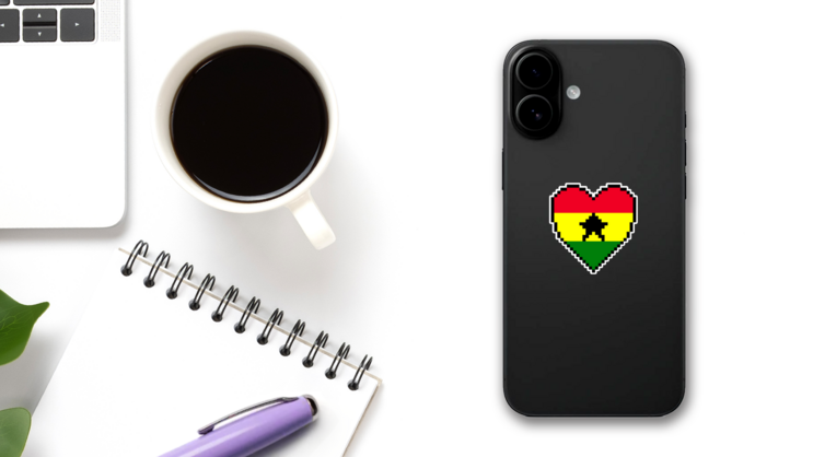 Pixel Ghana Flag Heart Sticker on a Phone (New) example