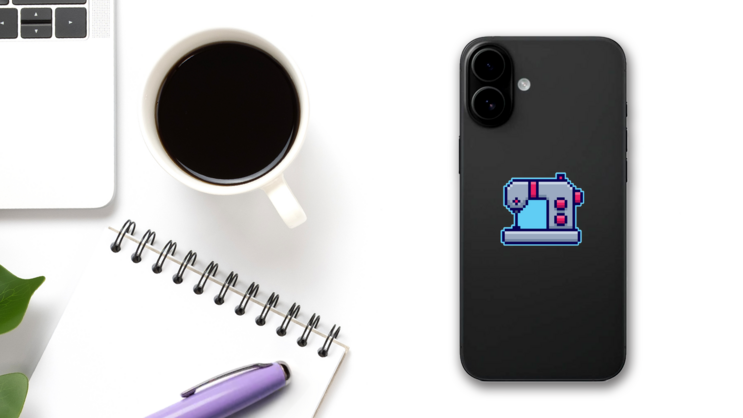 Pixel Sewing Machine Sticker on a Phone (New) example