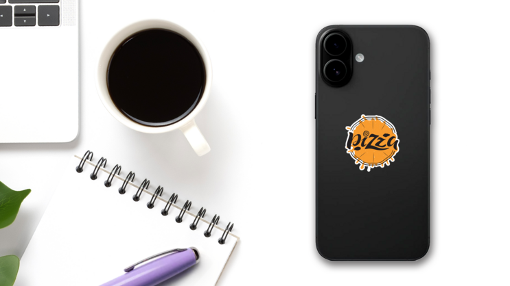 Pizza Logo Hand Lettering Sticker on a Phone (New) example