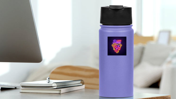 Pizza Love Neon Sign Sticker on a Water Bottle (New) example