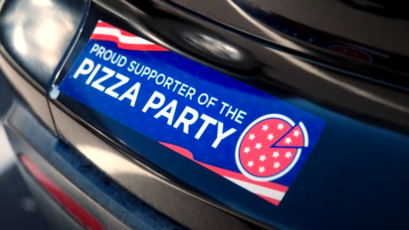Custom Pizza Party Political Bumper Sticker Applied on Car Bumper